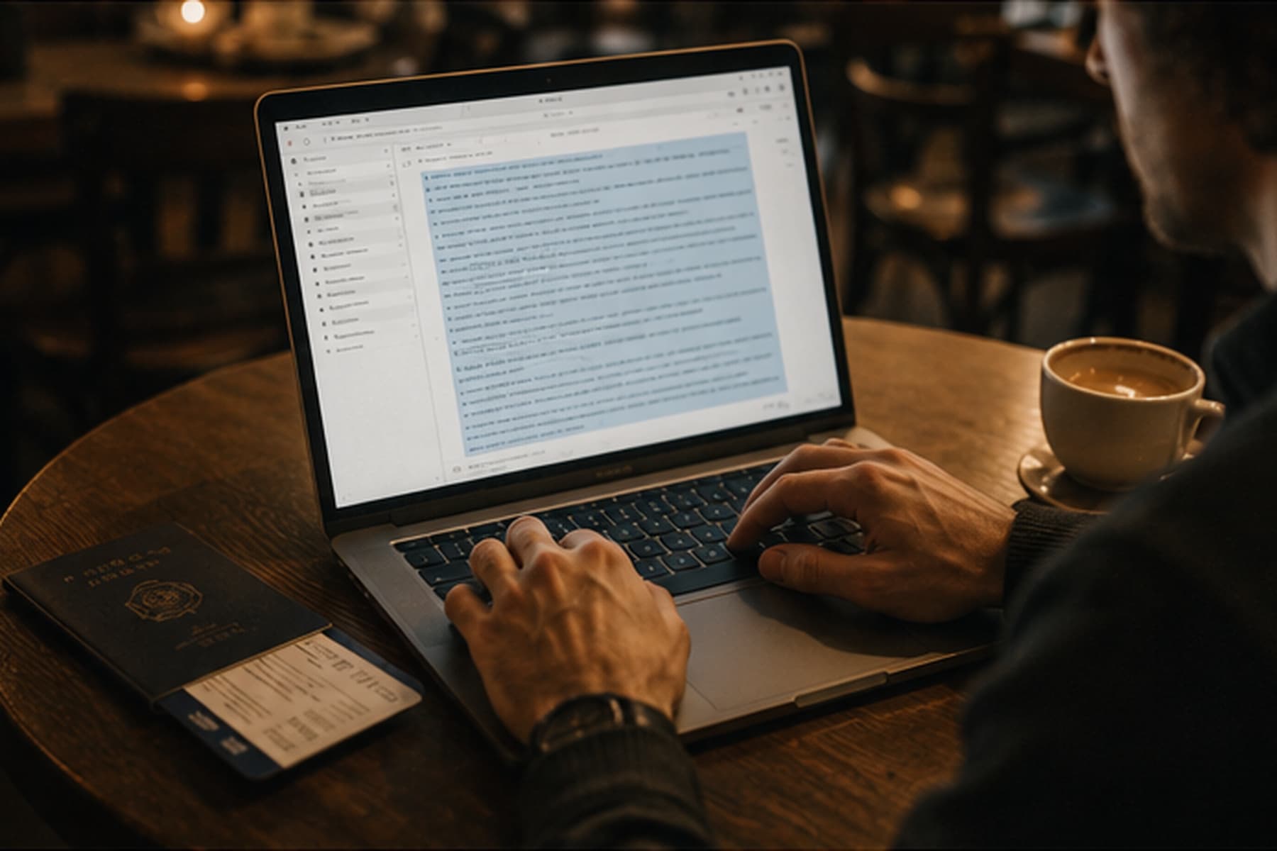 Hands at a laptop in a café, selecting a wall of confirmation-email text, passport and boarding pass beside the keyboard