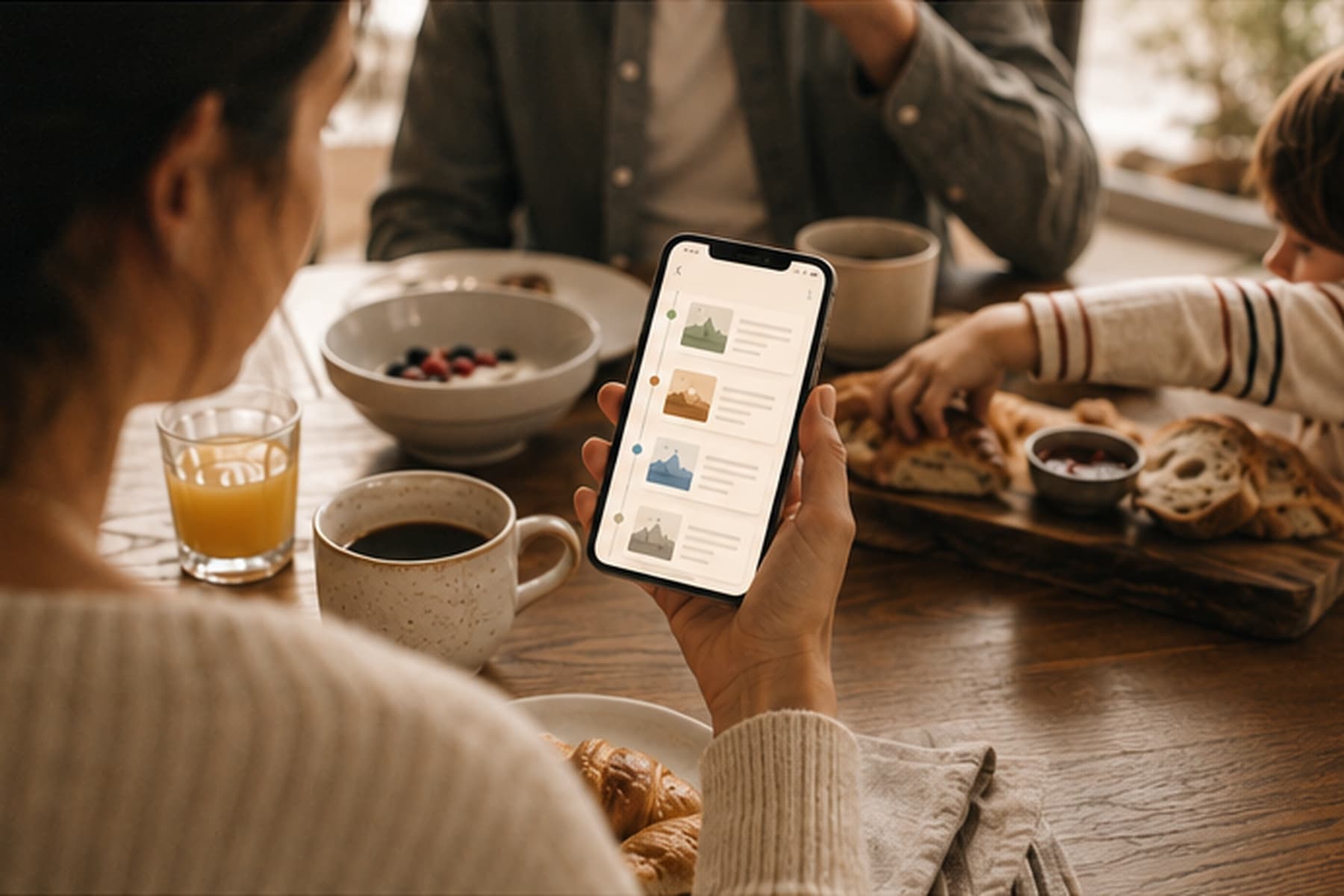 A phone showing a day-by-day itinerary, held over a family breakfast table