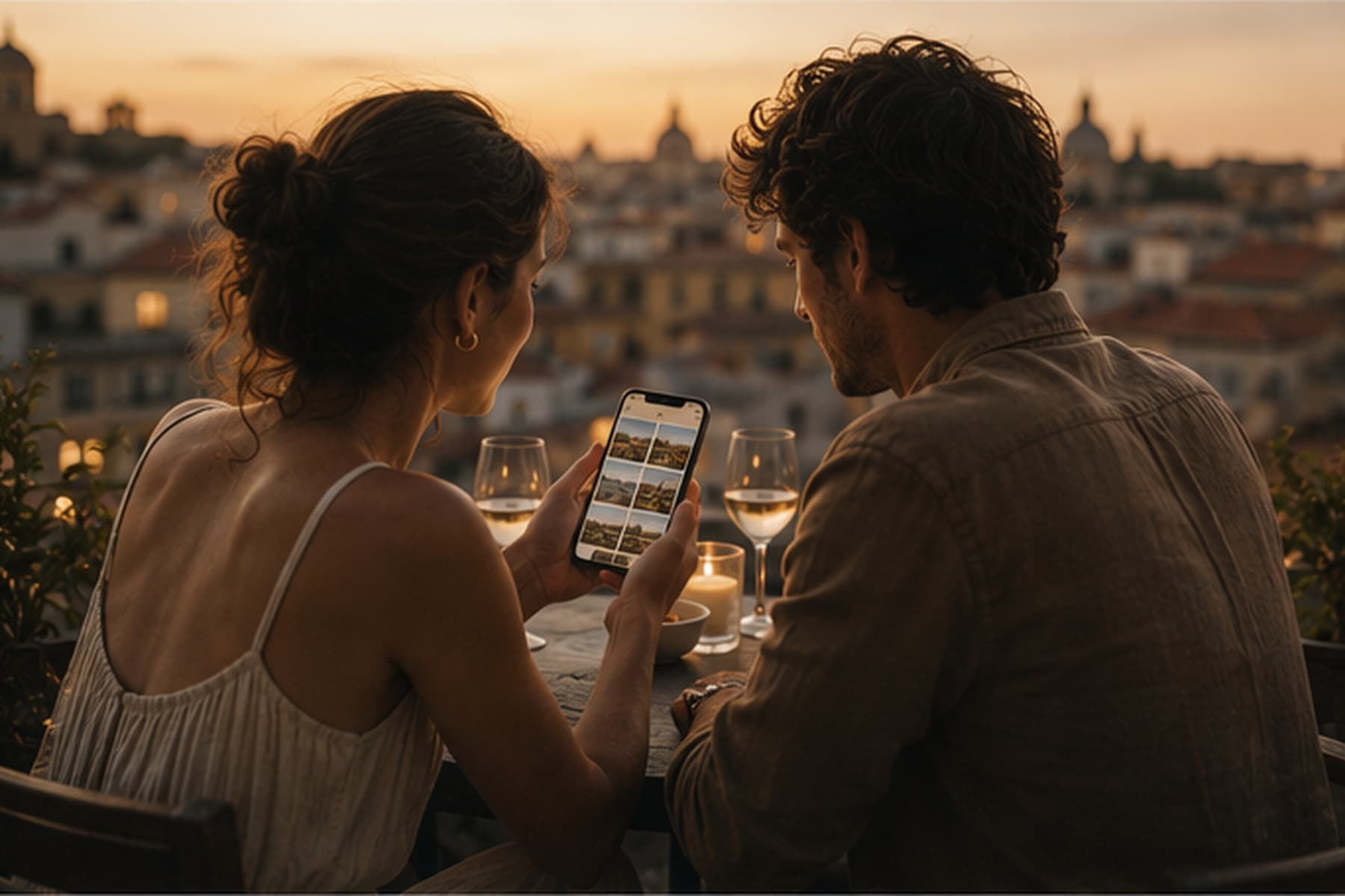 A couple at a rooftop table at dusk, looking at photos together on one phone