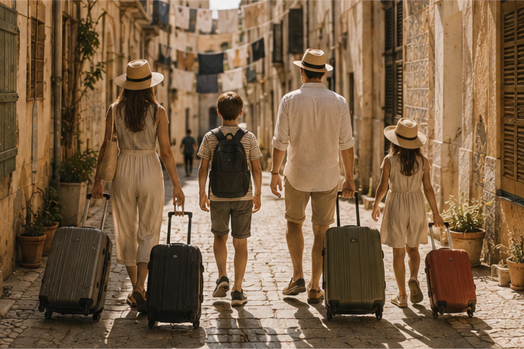 A family walking down a narrow sunlit alleyway with rolling suitcases